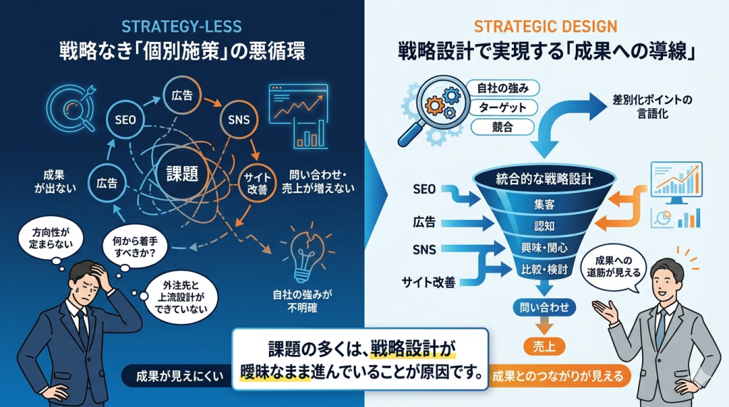戦略設計が必要な課題,web戦略,DX支援,web集客,webコンサルティング,webマーケティング,デジタルマーケティング,seo,cv改善,データ解析,アナリティクス,Growth Partner,グロースパートナー
