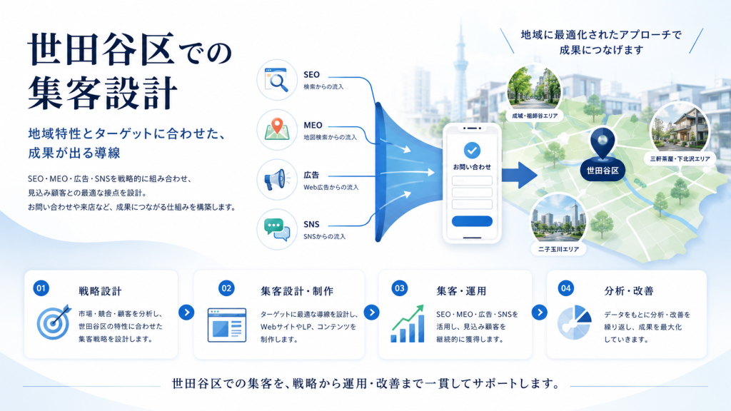 世田谷区での集客設計,seo,meo,グロースパートナー