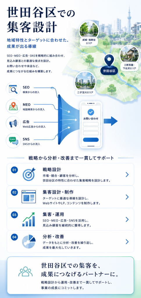 世田谷区での集客設計,seo,meo,グロースパートナー