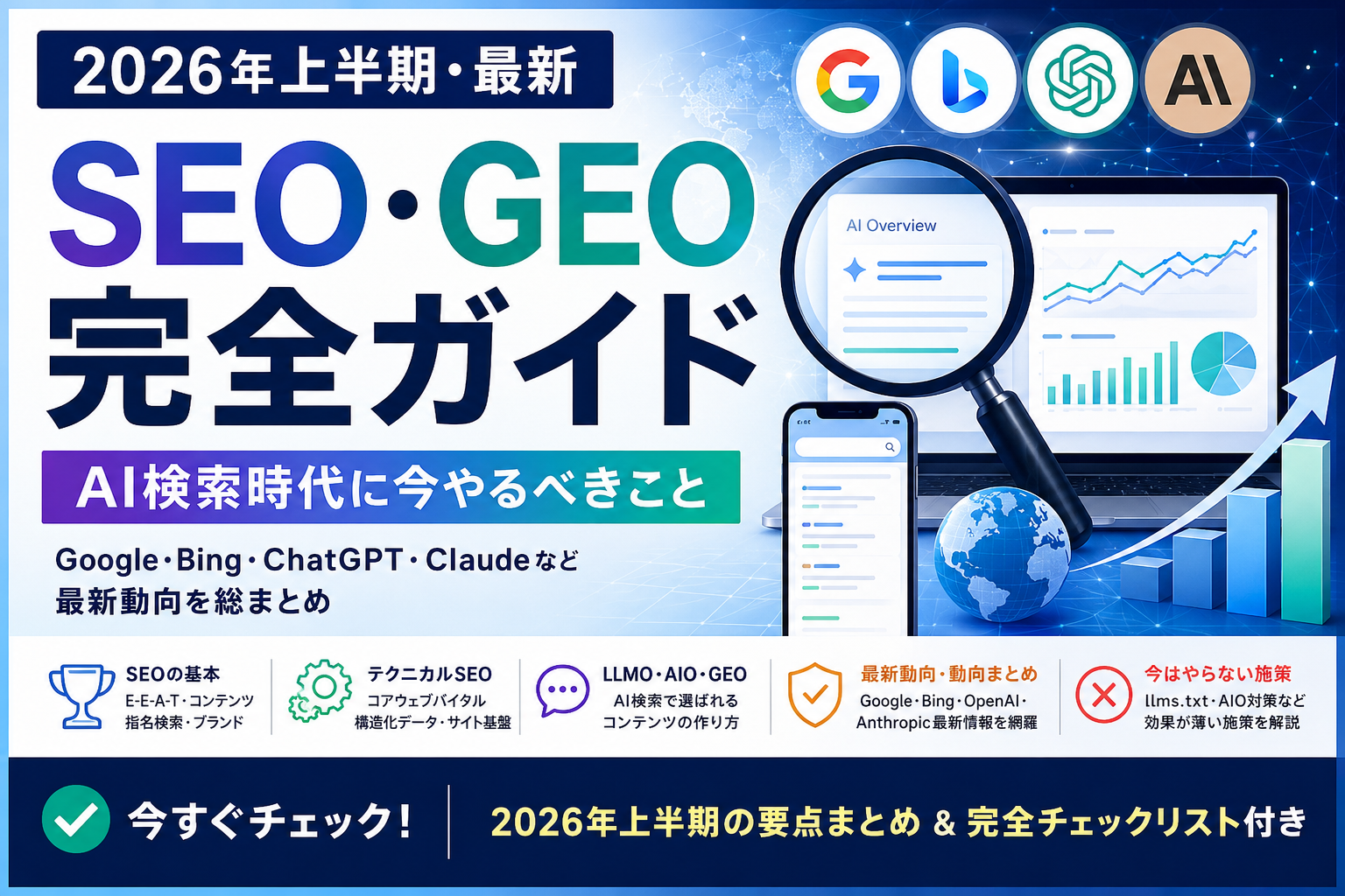 2026年上半期のSEO・GEO最新動向を解説する完全ガイドのアイキャッチ画像。Google・Bing・ChatGPT・ClaudeのAI検索対策、テクニカルSEO、チェックリストを紹介。